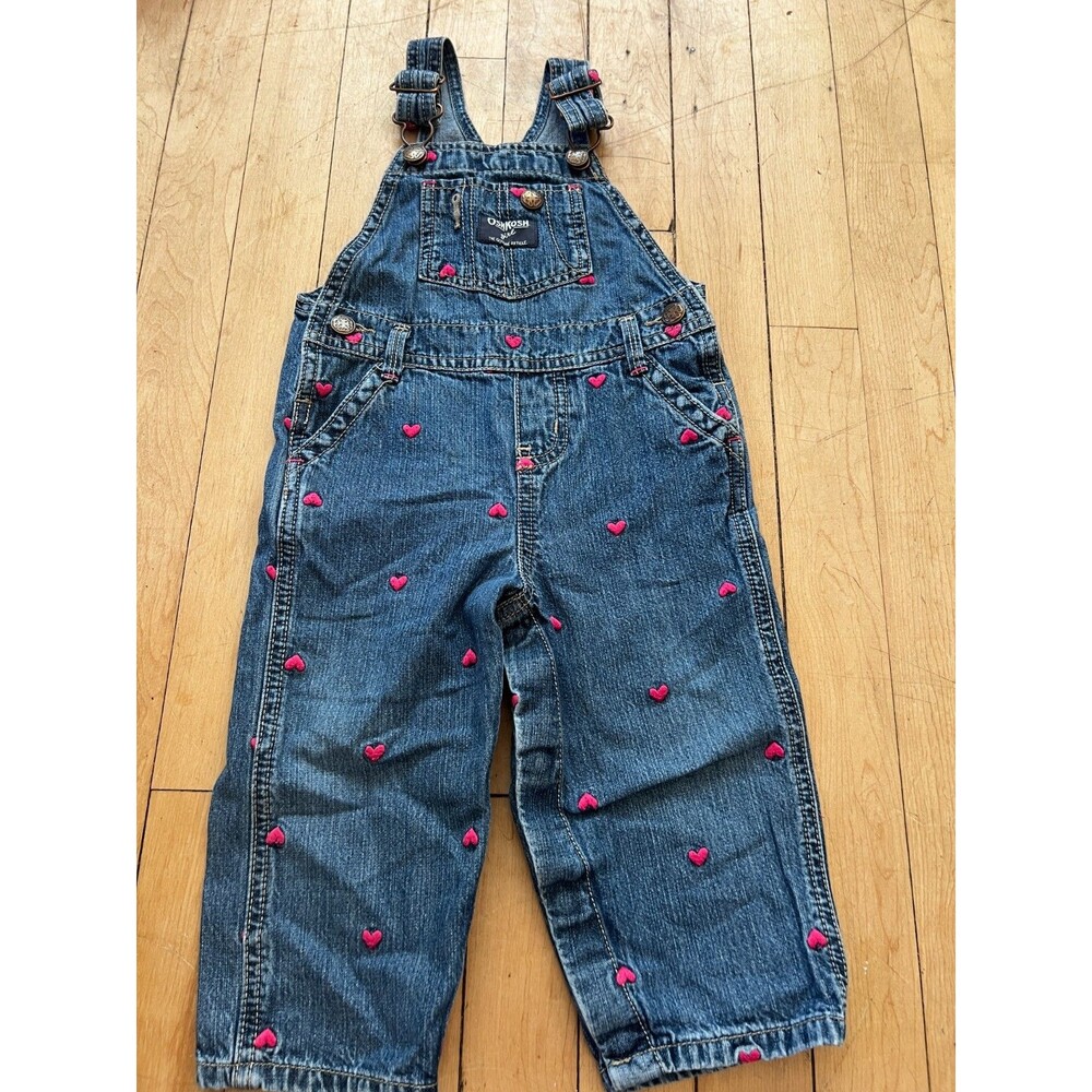 OshKosh Girl Denim Overalls  Embroidered PINK HEARTS Size 18 Months
